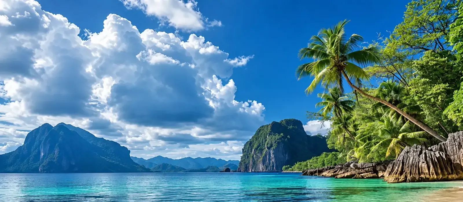 Turquoise lagoon and palm-fringed beach under a bright blue sky