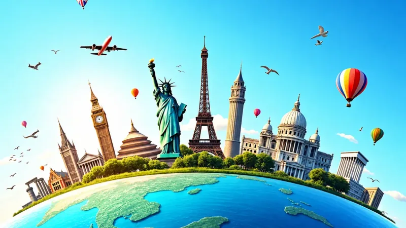 Illustrated globe ringed by famous world landmarks, aeroplanes and hot-air balloons