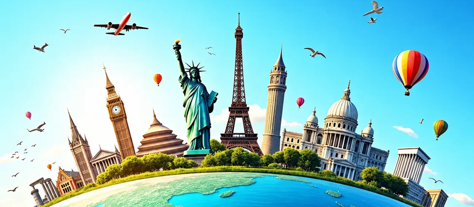 Illustrated globe ringed by famous world landmarks, aeroplanes and hot-air balloons