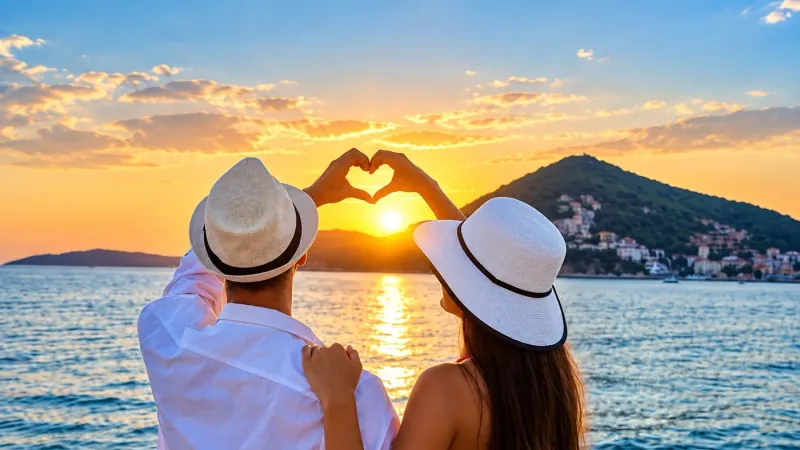 Couple in sun hats watching the sun set over a calm sea