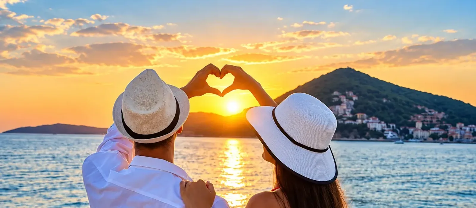 Couple in sun hats watching the sun set over a calm sea