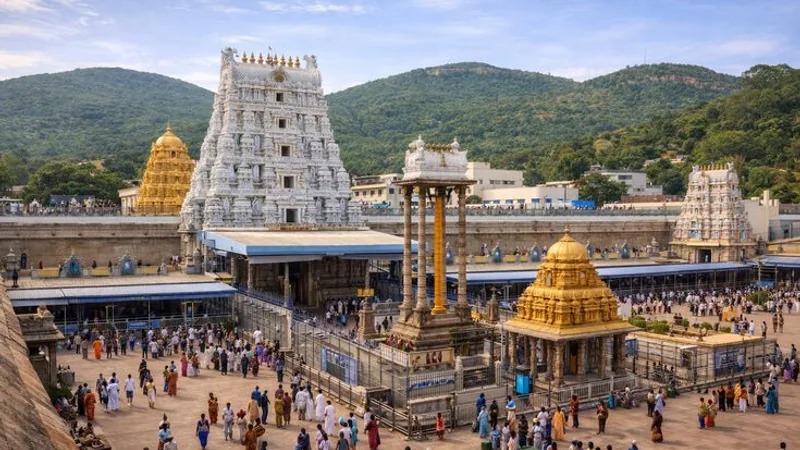 Pilgrims crossing the courtyard of a South Indian temple complex with a carved gopuram and golden vimana, wooded hills behind